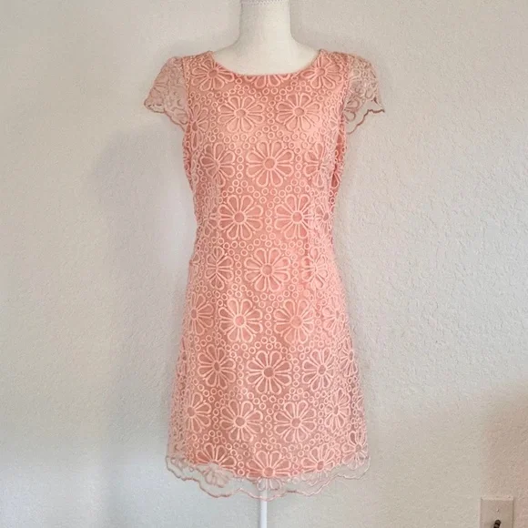 Beige by eci, Peachy/Pink Floral Lace Overlay Sheath Dress, Size 6 - Picture 1 of 10